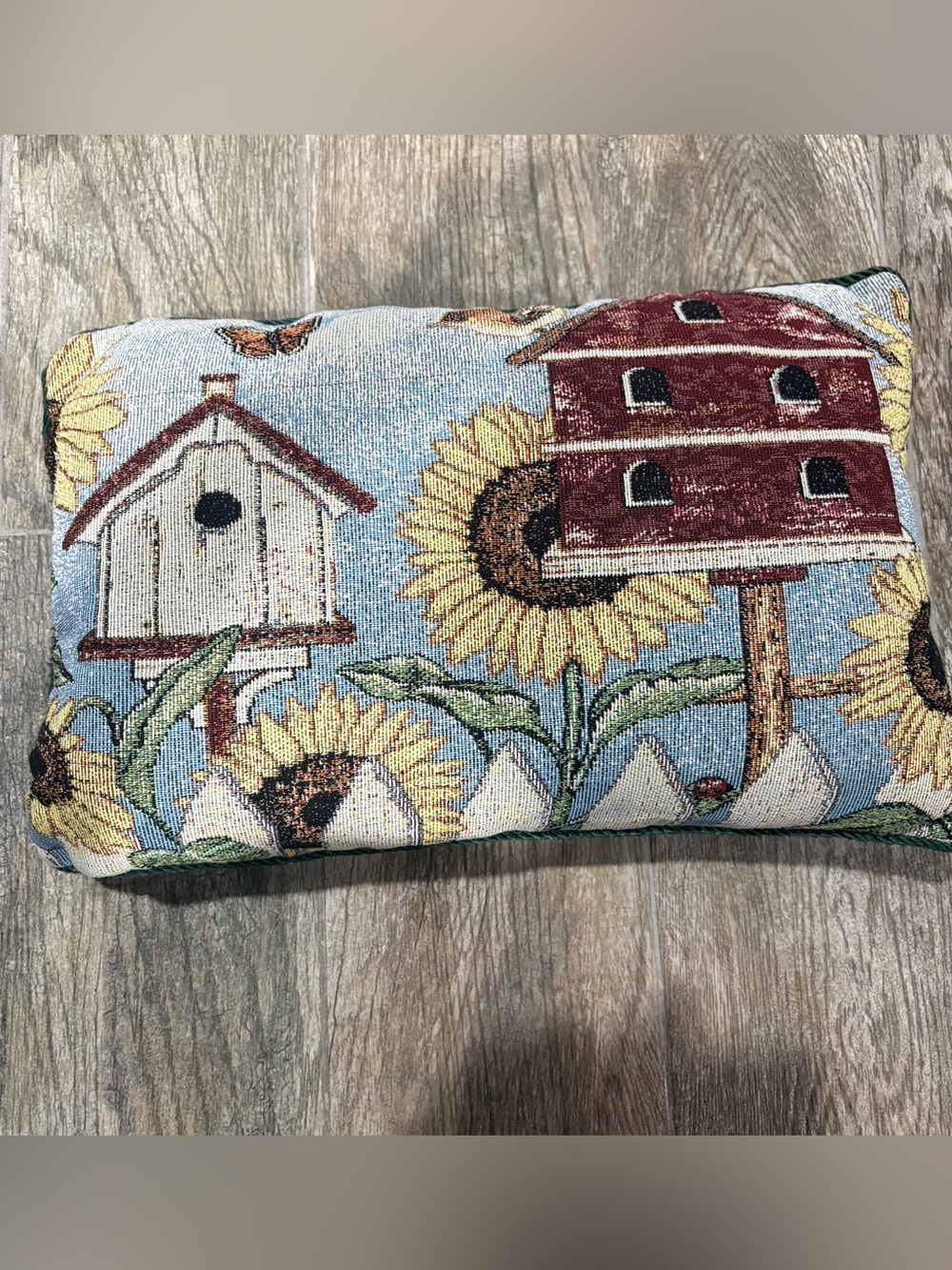 Needlepoint Tapestry Throw Pillow Sunflowers Birdhouse Country 16x10 Cottagecore